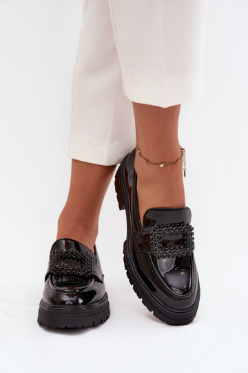 con effetto vernice scarpe mocassini da donna decorare con fibbie colore nero Luvianne