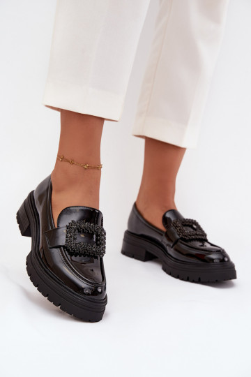 con effetto vernice scarpe mocassini da donna decorare con fibbie colore nero Luvianne 2