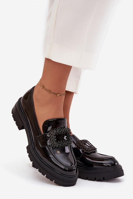 con effetto vernice scarpe mocassini da donna decorare con fibbie colore nero Luvianne
