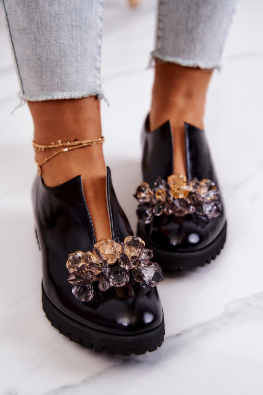 Stile elegante Pelle scarpe con ornamenti colore nero Cindy Stile elegante Pelle scarpe con ornamenti colore nero Cindy