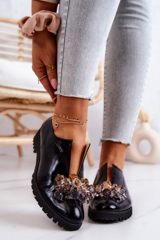 Stile elegante Pelle scarpe con ornamenti colore nero Cindy Stile elegante Pelle scarpe con ornamenti colore nero Cindy