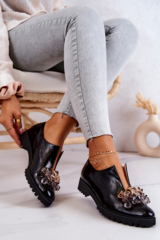 Stile elegante Pelle scarpe con ornamenti colore nero Cindy Stile elegante Pelle scarpe con ornamenti colore nero Cindy