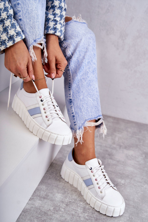 Femminile Pelle scarpe da ginnastica con cinghie Bianco-colore blu Ariva Femminile Pelle scarpe da ginnastica con cinghie Bianco-colore blu Ariva