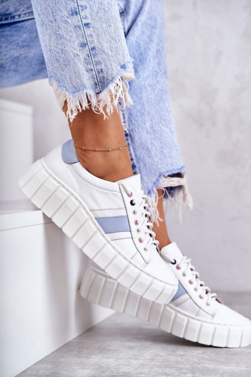 Femminile Pelle scarpe da ginnastica con cinghie Bianco-colore blu Ariva Femminile Pelle scarpe da ginnastica con cinghie Bianco-colore blu Ariva