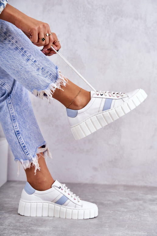 Femminile Pelle scarpe da ginnastica con cinghie Bianco-colore blu Ariva Femminile Pelle scarpe da ginnastica con cinghie Bianco-colore blu Ariva