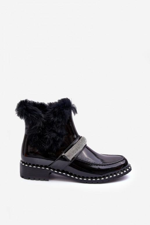 Basso Stivali con effetto vernice con una pelliccia E decorazione S.Barski MR870-74 colore nero Basso Stivali con effetto vernice con una pelliccia E decorazione S.Barski MR870-74 colore nero