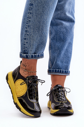 Femminile scarpe da ginnastica Pelle Deveciejka 06295-01 Nero e-colore giallo