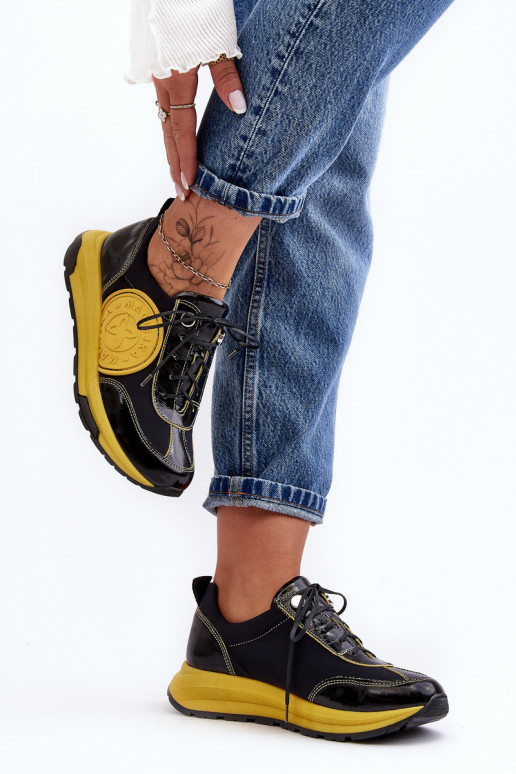 Femminile scarpe da ginnastica Pelle Deveciejka 06295-01 Nero e-colore giallo Femminile scarpe da ginnastica Pelle Deveciejka 06295-01 Nero e-colore giallo