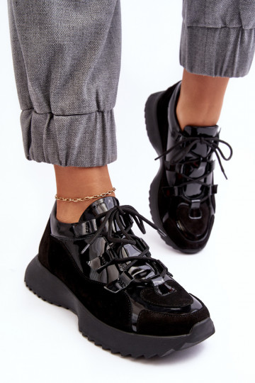 Scarpe sportive da donna in pelle con effetto verniciato M01/2 Zazoo nere