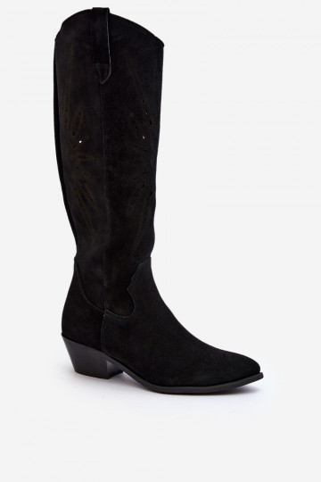 Zazoo 2909 Stivali in suede con elementi a giorno a tacco basso neri
