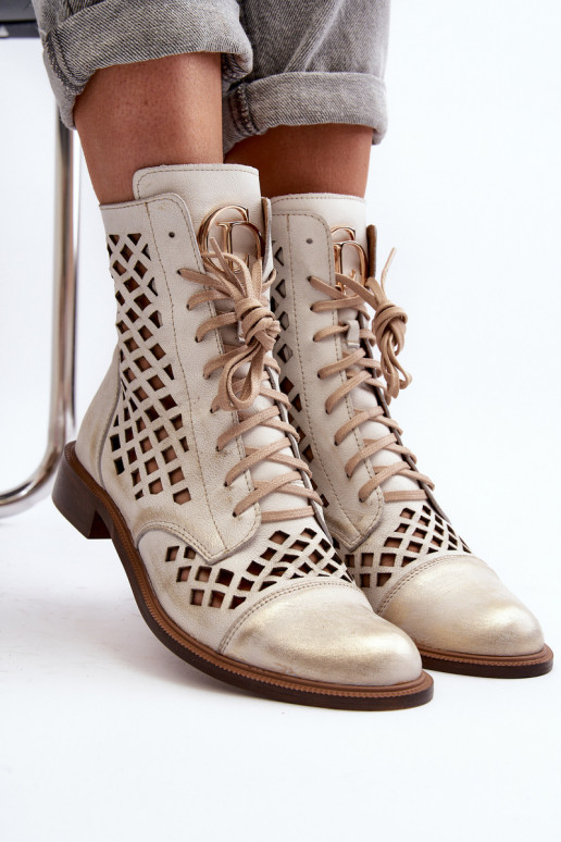 Zazoo 2695 con elementi traforati Pelle Stivali colore dorato Przecierany