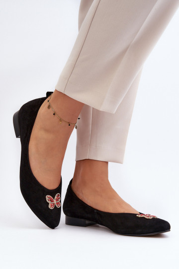 Zazoo 2887 ballerine in camoscio con decorazioni a farfalla, color nero 2