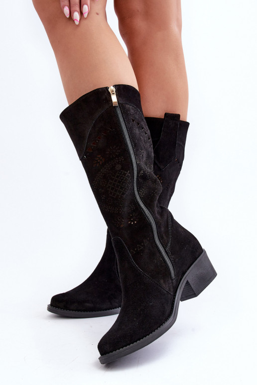 Zazoo 4043 dalla pelle scamosciata stivali Con tacco basso con elementi traforati colore nero