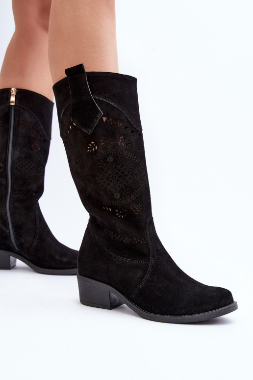 Zazoo 4043 dalla pelle scamosciata stivali Con tacco basso con elementi traforati colore nero