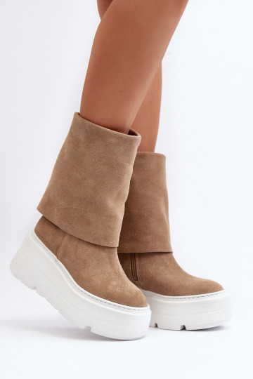 Stivaletti in suede da donna Zazoo 3410 con piattaforma color sabbia 2