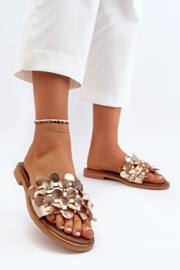 Ciabatte in pelle per donne con tacco largo Zazoo 40381 color oro