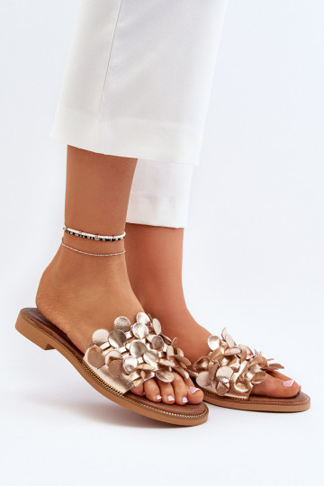 Ciabatte in pelle per donne con tacco largo Zazoo 40381 color oro 2