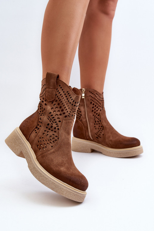 Zazoo 3470 Scarpe scamosciate Femminile con tacchi larghi con elementi traforati colore marrone