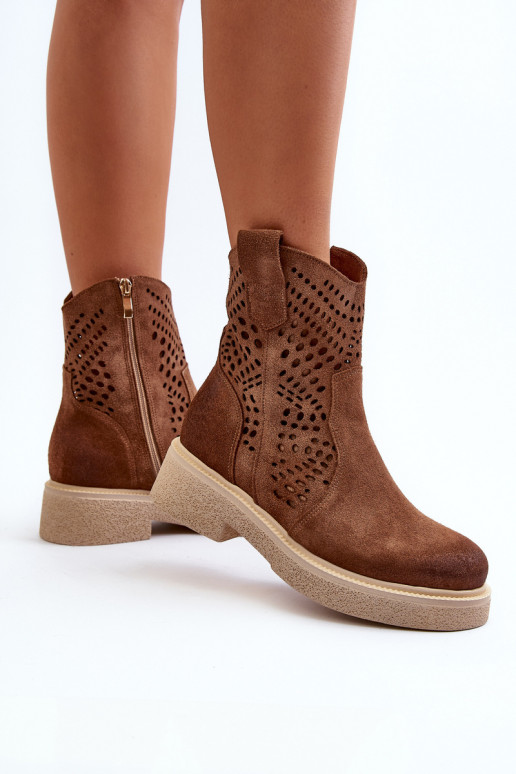 Zazoo 3470 Scarpe scamosciate Femminile con tacchi larghi con elementi traforati colore marrone