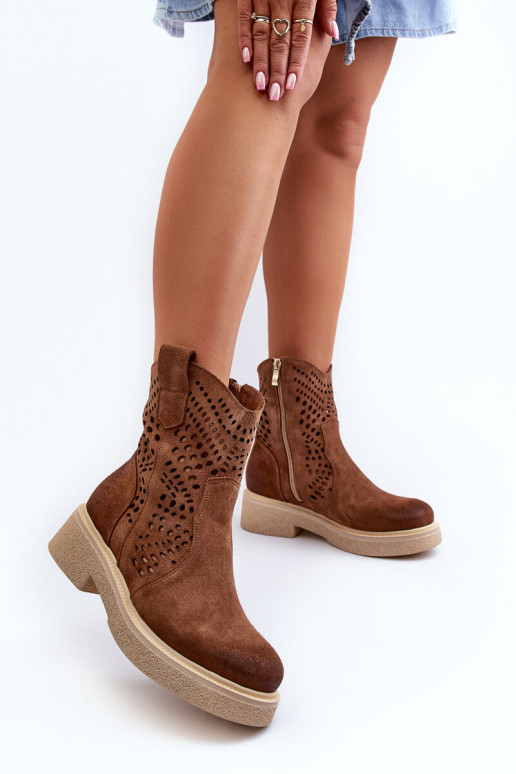 Zazoo 3470 Scarpe scamosciate Femminile con tacchi larghi con elementi traforati colore marrone