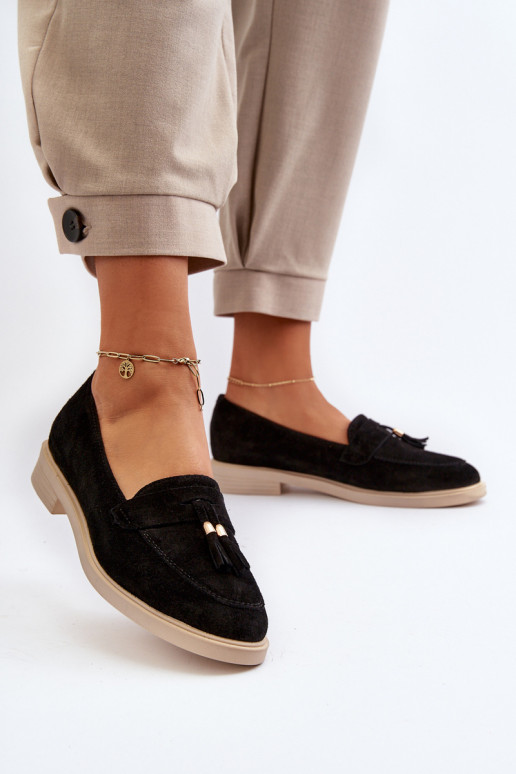 Zazoo 3420 Mocassini in pelle scamosciata Femminile con tacchi larghi colore nero Zazoo 3420 Mocassini in pelle scamosciata Femminile con tacchi larghi colore nero