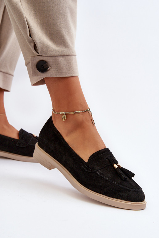 Zazoo 3420 Mocassini in pelle scamosciata Femminile con tacchi larghi colore nero Zazoo 3420 Mocassini in pelle scamosciata Femminile con tacchi larghi colore nero