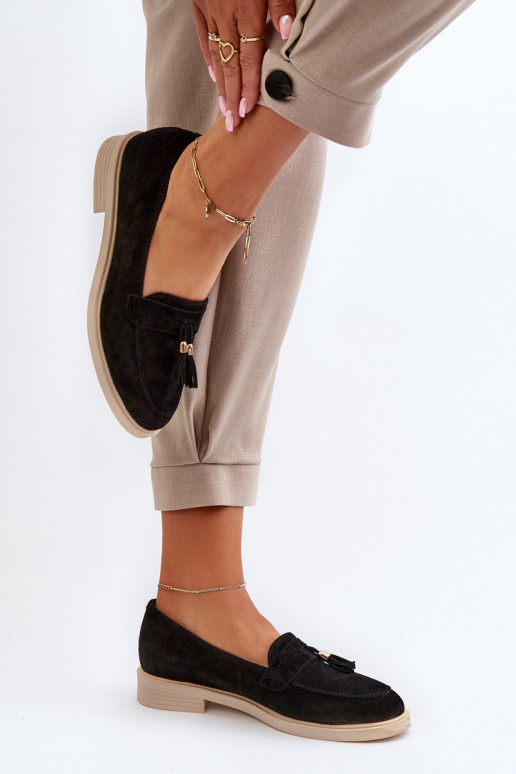 Zazoo 3420 Mocassini in pelle scamosciata Femminile con tacchi larghi colore nero Zazoo 3420 Mocassini in pelle scamosciata Femminile con tacchi larghi colore nero