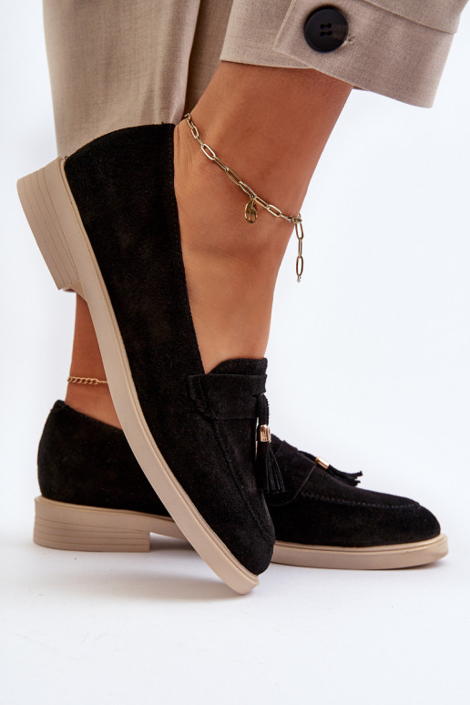 Zazoo 3420 Mocassini in pelle scamosciata Femminile con tacchi larghi colore nero Zazoo 3420 Mocassini in pelle scamosciata Femminile con tacchi larghi colore nero