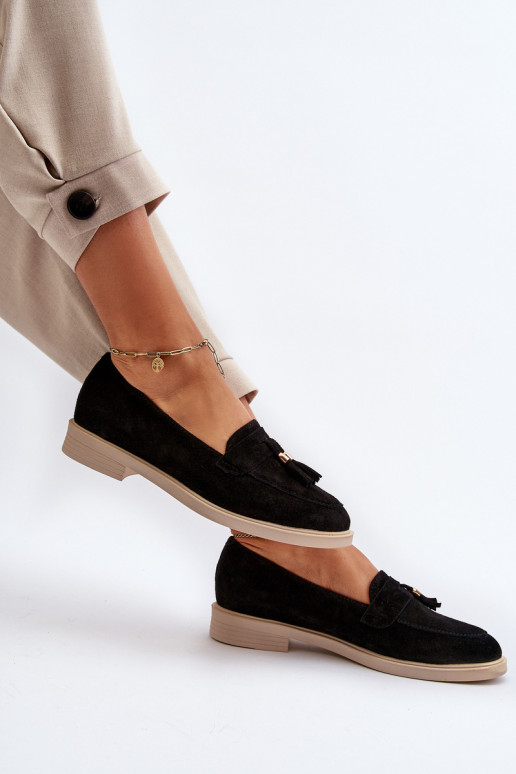 Zazoo 3420 Mocassini in pelle scamosciata Femminile con tacchi larghi colore nero Zazoo 3420 Mocassini in pelle scamosciata Femminile con tacchi larghi colore nero