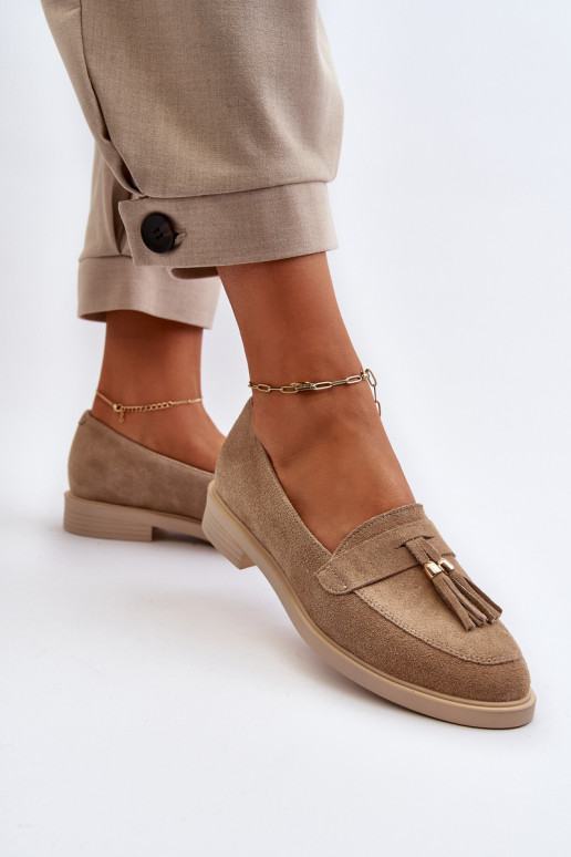 Zazoo 3420 Mocassini in pelle scamosciata Femminile con tacchi larghi beige Zazoo 3420 Mocassini in pelle scamosciata Femminile con tacchi larghi beige