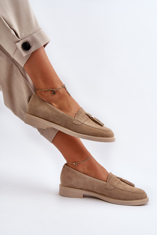 Zazoo 3420 Mocassini in pelle scamosciata Femminile con tacchi larghi beige Zazoo 3420 Mocassini in pelle scamosciata Femminile con tacchi larghi beige