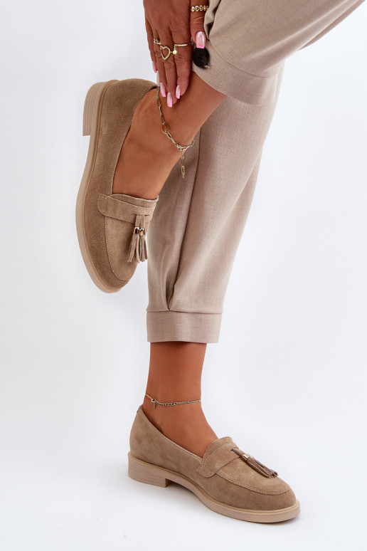 Zazoo 3420 Mocassini in pelle scamosciata Femminile con tacchi larghi beige Zazoo 3420 Mocassini in pelle scamosciata Femminile con tacchi larghi beige