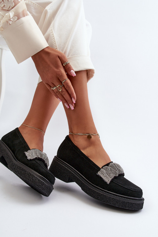 Zazoo 3419 mocassini da donna dalla pelle scamosciata Con nastro decorativo colore nero