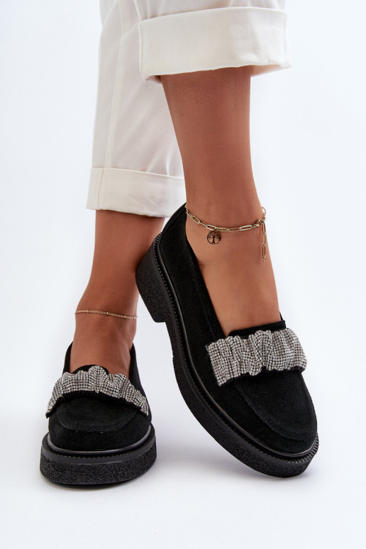 Zazoo 3419 mocassini da donna dalla pelle scamosciata Con nastro decorativo colore nero