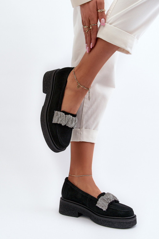 Zazoo 3419 mocassini da donna dalla pelle scamosciata Con nastro decorativo colore nero