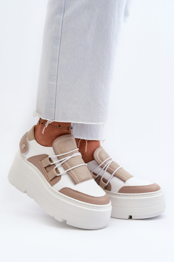 Scarpe sportive in pelle da donna con suole massicce Zazoo 1833 bianche-sabbia
