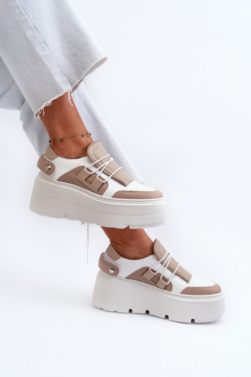 Scarpe sportive in pelle da donna con suole massicce Zazoo 1833 bianche-sabbia 2