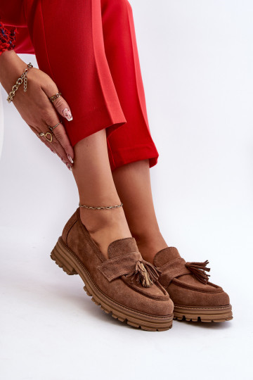 Mocassini in suede da donna Zazoo 3469 con frange marroni 2