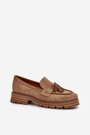 Mocassini in suede da donna Zazoo 3469 con frange color sabbia
