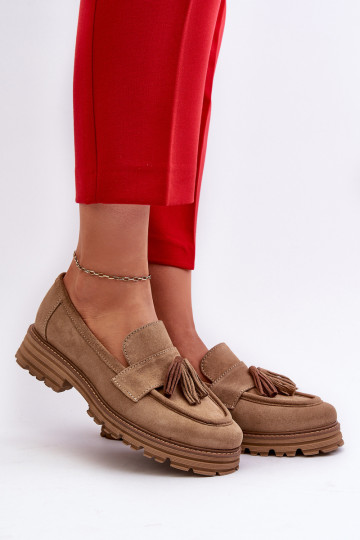 Mocassini in suede da donna Zazoo 3469 con frange color sabbia 2