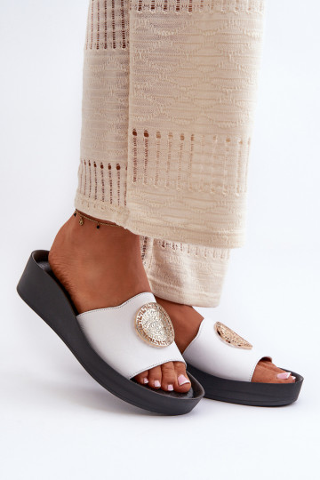 Zazoo 2920 Pantofole in pelle Femminile Su un cuneo Ze colore doratom Detalem Colore bianco 2