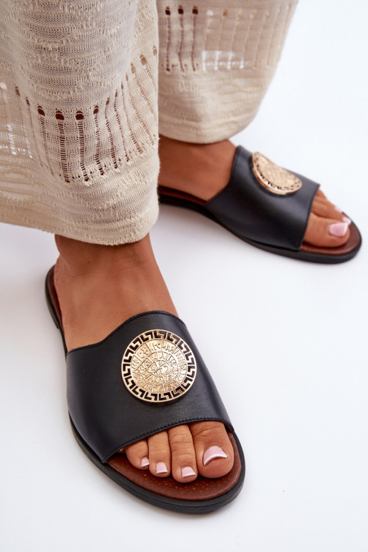 Zazoo 2938 Pantofole in pelle con tacchi larghi con ornamenti colore nero Zazoo 2938 Pantofole in pelle con tacchi larghi con ornamenti colore nero