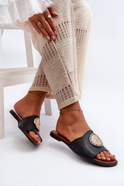 Zazoo 2938 Pantofole in pelle con tacchi larghi con ornamenti colore nero Zazoo 2938 Pantofole in pelle con tacchi larghi con ornamenti colore nero