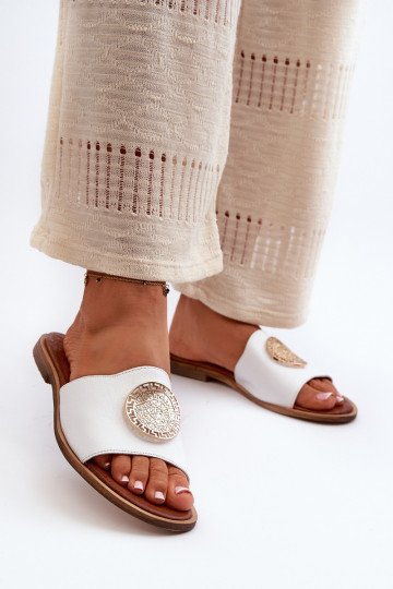 Zazoo 2938 Pantofole in pelle con tacchi larghi con ornamenti Colore bianco