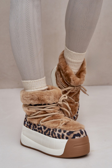 Stivali da neve in pelle da donna con suola spessa, pelliccia e motivo leopardato Big Star OO274A208 marroni