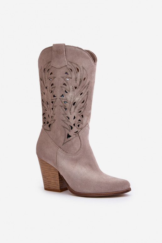 con elementi traforati stivali Metà polpaccio con i tacchi dalla pelle scamosciata LeAski 3609 colore cappuccino