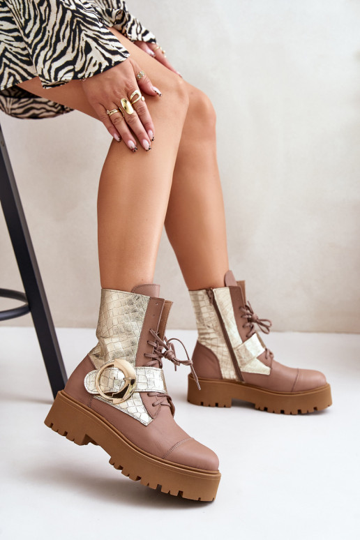 Zazoo 2942 Pelle Stivaletti da lavoro con fibbie dorate beige Zazoo 2942 Pelle Stivaletti da lavoro con fibbie dorate beige