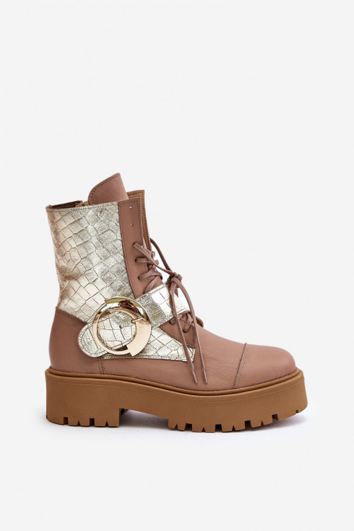 Zazoo 2942 Pelle Stivaletti da lavoro con fibbie dorate beige Zazoo 2942 Pelle Stivaletti da lavoro con fibbie dorate beige