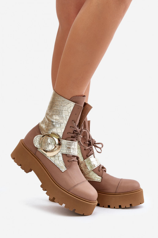 Zazoo 2942 Pelle Stivaletti da lavoro con fibbie dorate beige Zazoo 2942 Pelle Stivaletti da lavoro con fibbie dorate beige