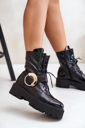 Zazoo 2942 Pelle Stivaletti da lavoro con fibbie dorate colore nero